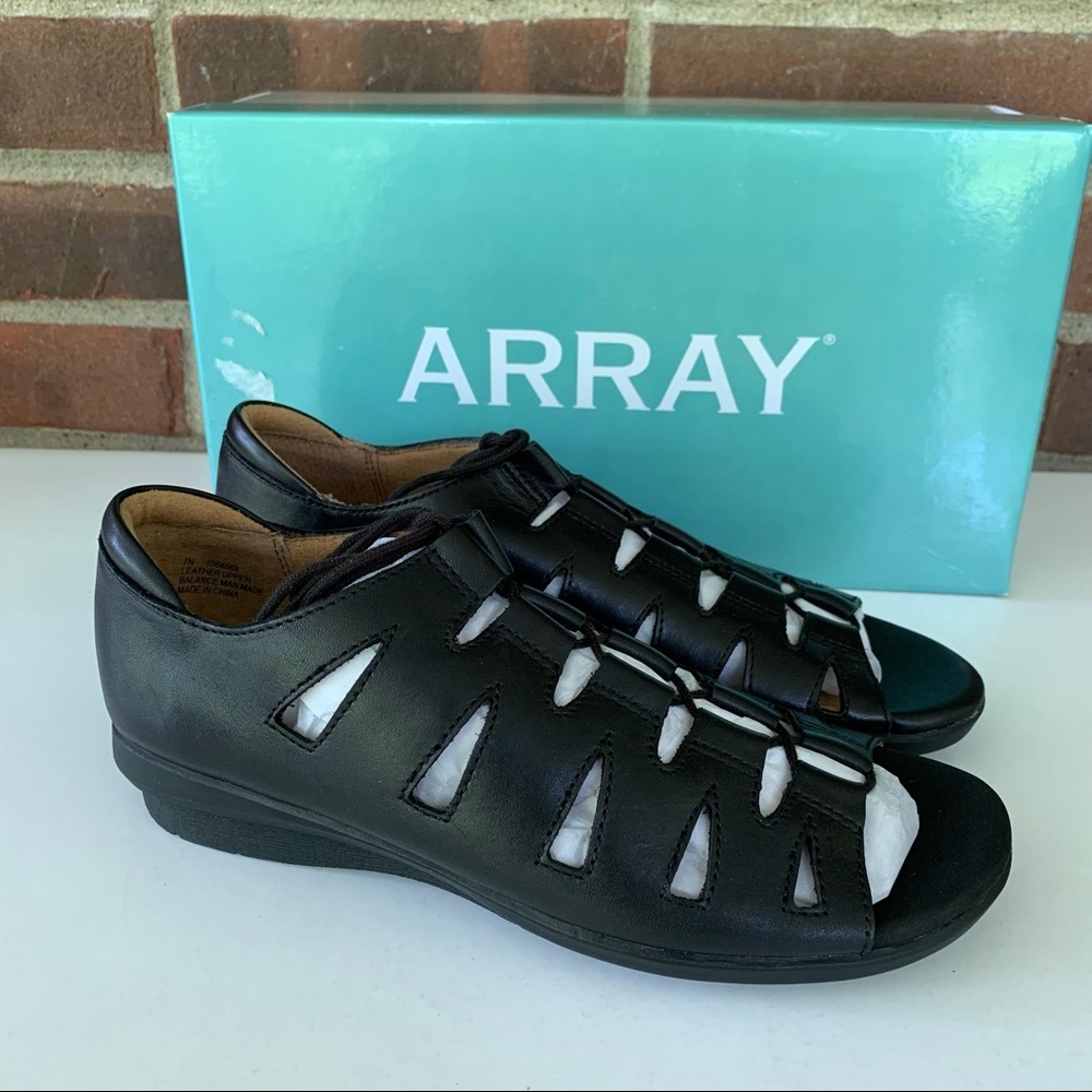 ARRAY Women’s Beverly Black Leather Cage Sandals Low Heel Size US 7 N narrow